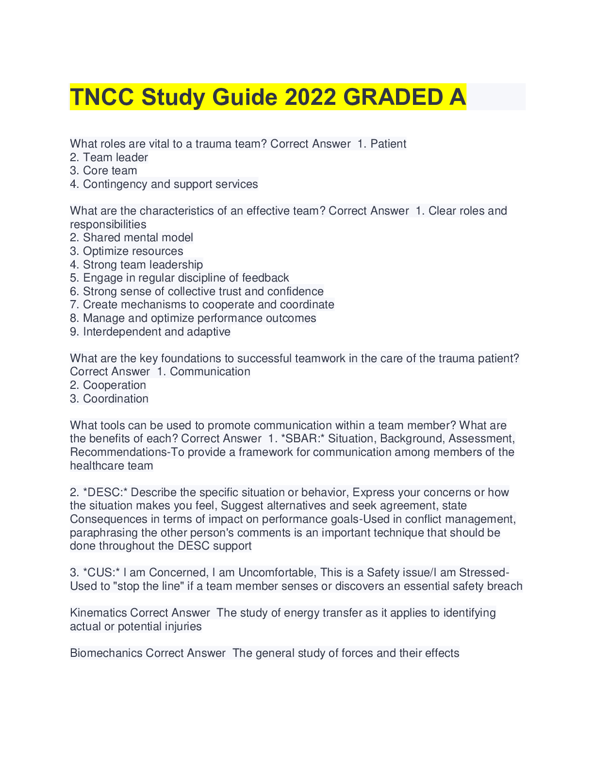 Preview image for TNCC Study Guide 2022 GRADED A